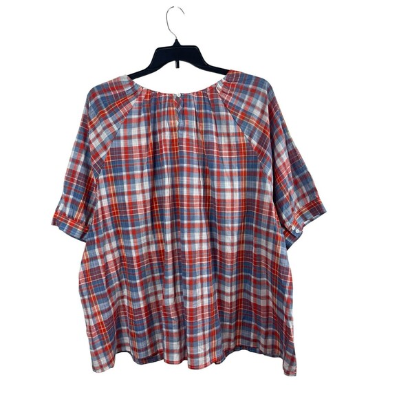 Terra & Sky Plus 4X Short Sleeve Plaid Ruffle Blouse Red Blue Cotton Top NWT - Picture 4 of 15